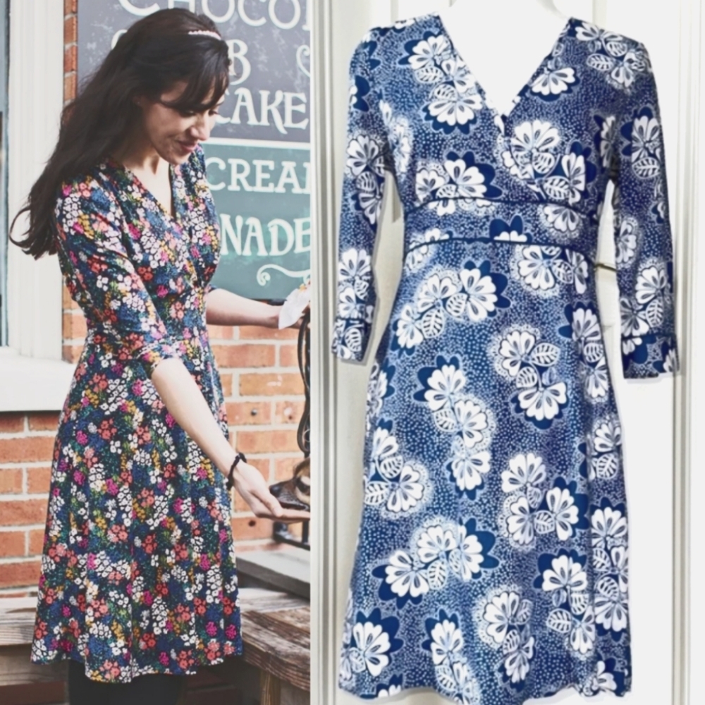 Boden Chinoiserie Faux Wrap Dress Blue with White Floral Print. Size 10 (M). EUC